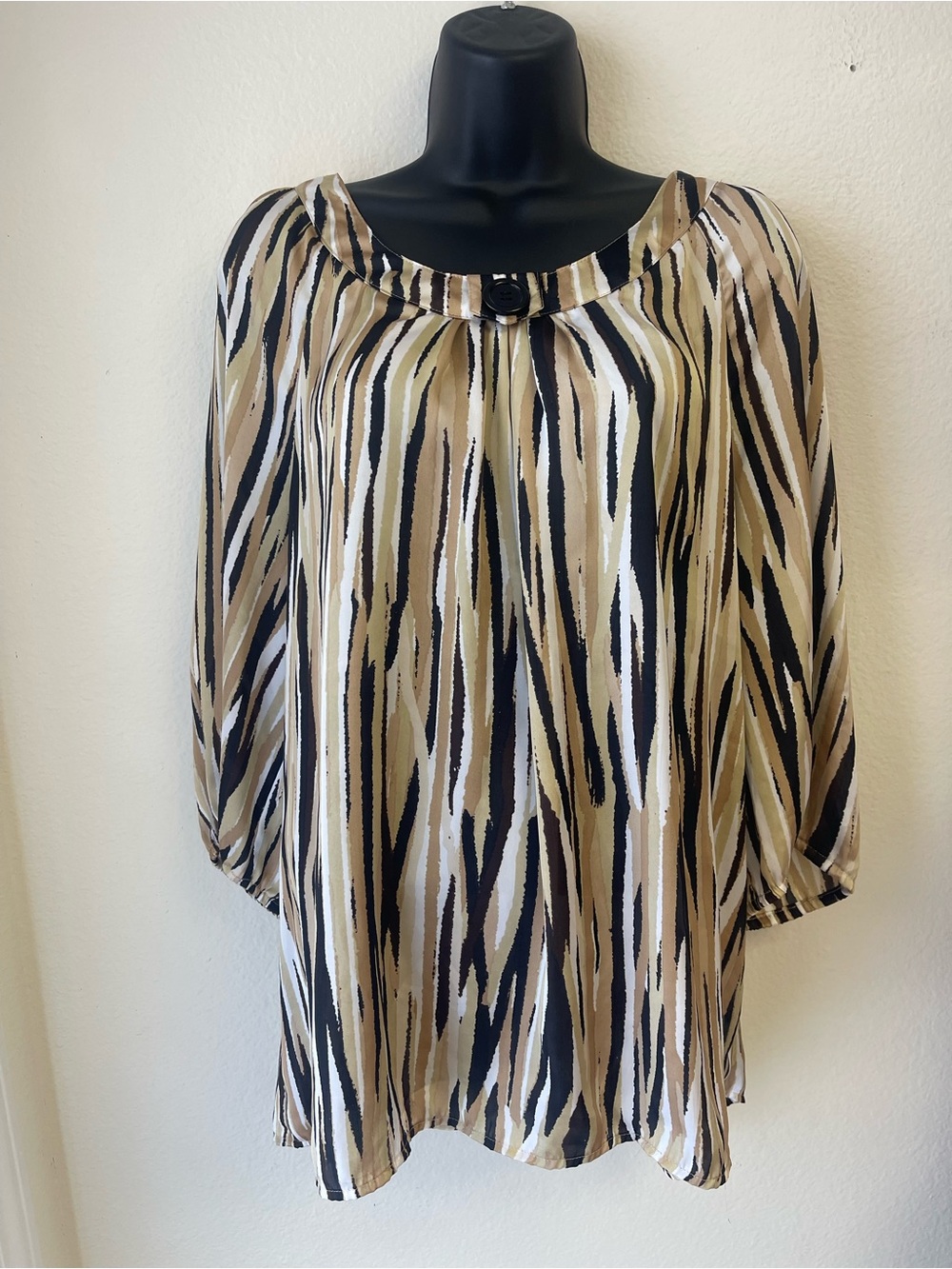 Covington Tan, Black & White Striped Peasant Blouse